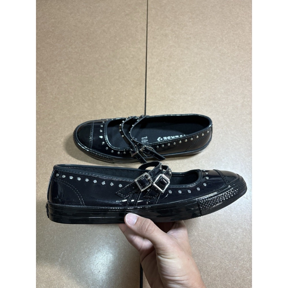 Converse Women's Black Leather Studded Mary Jane Flats Buckle Strap 9 Women